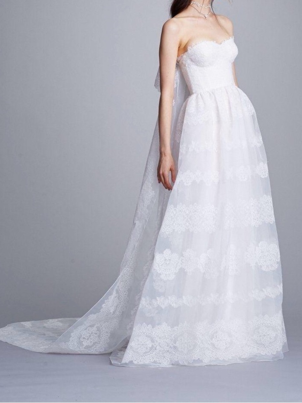 Marchesa Strapless Lace Satin Wedding Gown Cathedral Train Bridal Dress Size 10